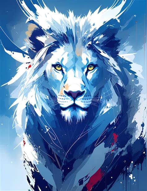 Premium Photo | A painting of a lion with a blue and white mane.