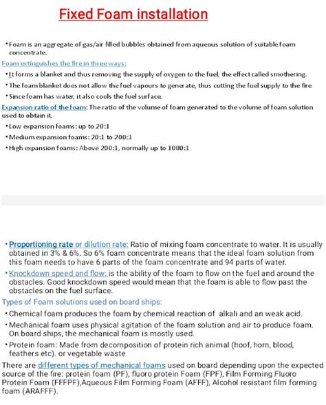 FIXED FOAM INSTALLATION - use of foam based on expansion ratio , self contained pressurised type ...