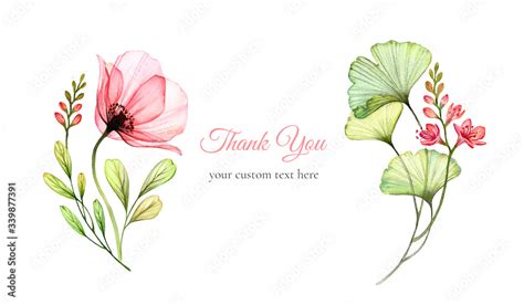 Watercolor floral card. Abstract poppy flower with ginkgo leaves in ...