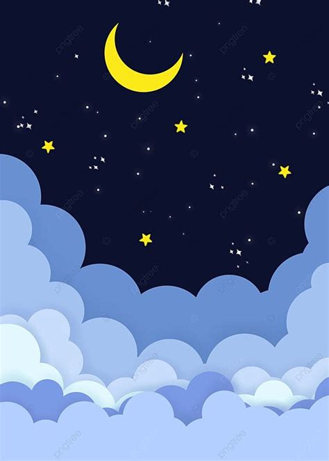 Cartoon Paper Cut Moon Stars And Clouds In The Night Sky Background ...