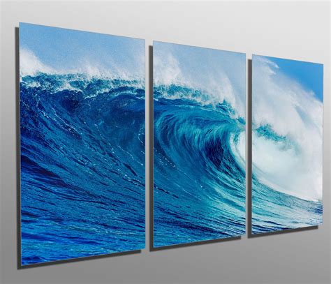 Metal Prints Blue Ocean Wave 3 Panel Split, Triptych Metal Wall Art Printed on HD Aluminum ...