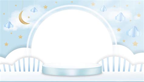 Baby shower background on Blue Sky and Cloud,Vector cute greeting card with 3D Podium,Paper Cut ...