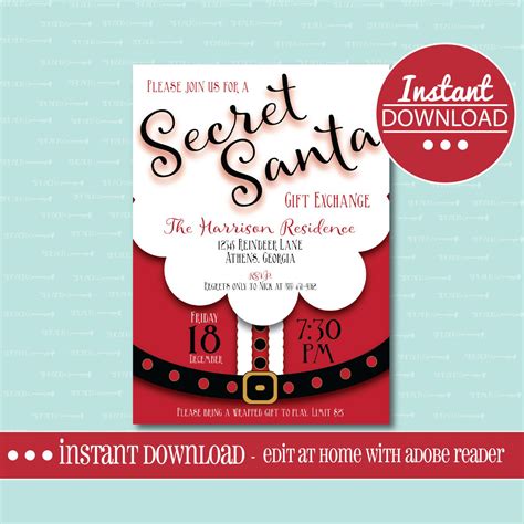 Editable SECRET SANTA INVITATION, Templett, Christmas, Gift Exchange, Holiday, White Elephant ...