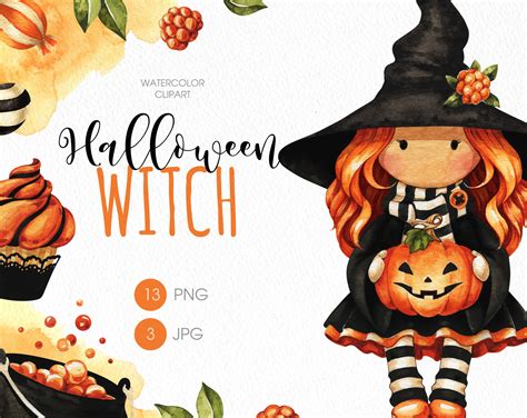 Halloween Witch PNG Clipart. Baby Witch Cute Watercolor | Etsy