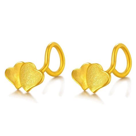 Pure 24K Yellow Gold Stud Earrings 999 Gold Women Heart Stud Earrings ...