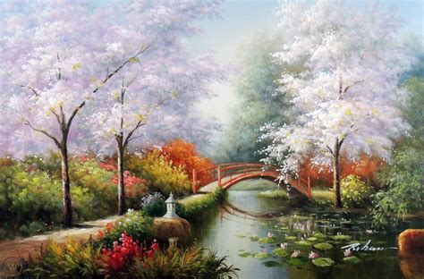 Japan Cherry Blossom Trees Lily Pond Bridge Stretched 24X36 Oil Painting | #1938402198