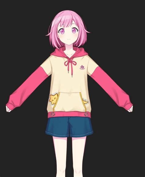 an anime girl with pink hair and blue shorts is wearing a hoodie, she has her arms spread out to ...