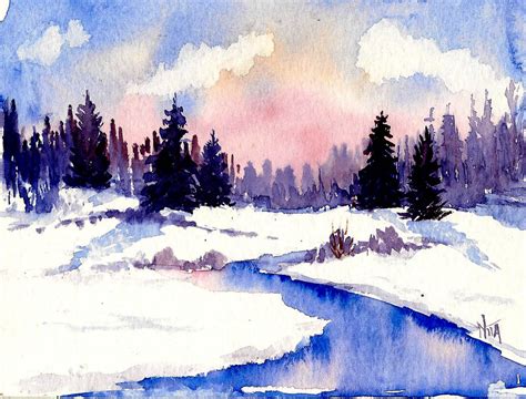 Winter Landscape Watercolor Paintings at PaintingValley.com | Explore collection of Winter ...