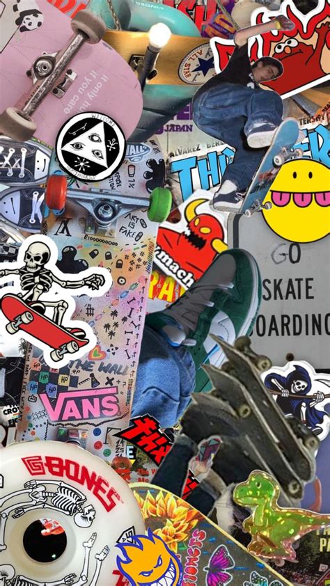 many skateboard stickers are piled on top of each other, including one with a skull