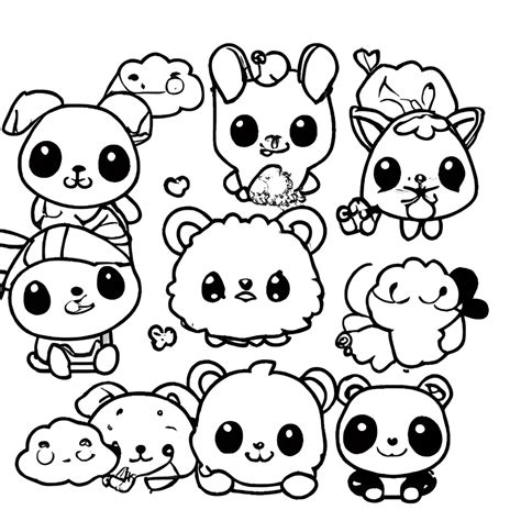 Cute Kawaii Chibi Animals Coloring Page Black and White · Creative Fabrica