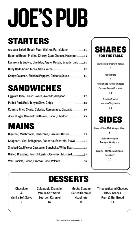 Menu at Joe's Pub, New York City, 425 Lafayette St