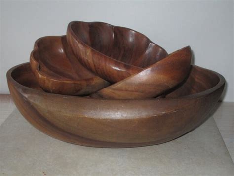 Vintage Large Wooden Salad Bowl With 4 Smaller Salad Bowls | Etsy