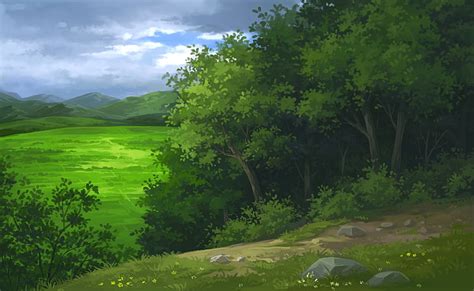 HD wallpaper: forest landscape, toon colors, field, road, stones, Anime ...