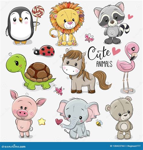 Set of Cartoon Animals on White Background Stock Vector - Illustration of cutie, cartoon: 138423744