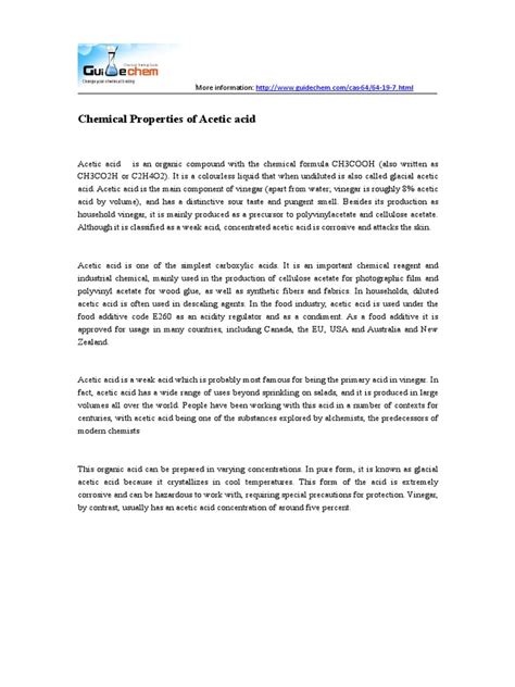 Chemical Properties of Acetic Acid | PDF | Acetic Acid | Chemical Compounds