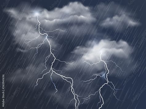 Vector realistic dark stormy sky with clouds, heavy rain and lightning strikes Stock Vector ...