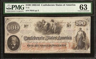 UNC 1862 $100 DOLLAR BILL CONFEDERATE STATES NOTE CIVIL WAR MONEY T41 PMG 63 | #4572314041