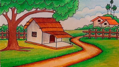 Village Simple Beautiful Easy Scenery Drawing / How to draw simple ...