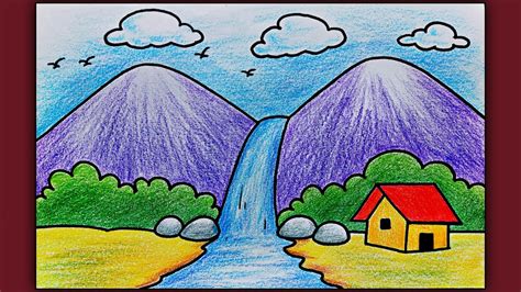 Simple Landscape Scenery Drawing for Beginners | Easy Waterfall Scenery ...