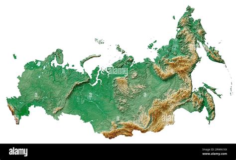 Russia. A highly detailed 3D rendering of a shaded relief map with rivers and lakes. Colored by ...