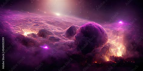 Purple space nebula. Abstract astronomy illustration. 3D render of sky. Fantasy galaxy ...