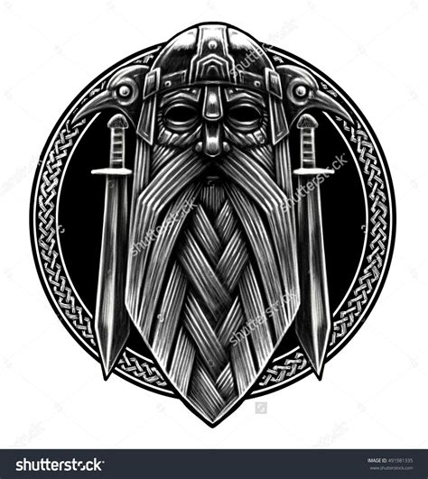 Norse God Odin with crows and swords. Graphic illustration in the ring. Celtic ornament. Viking ...