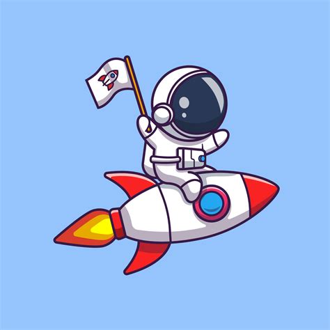 Cute Astronaut Riding Rocket And Holding Flag Cartoon Vector Icon Illustration. Science ...