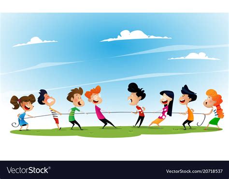 Fun cartoon boys and girls pulling rope Royalty Free Vector