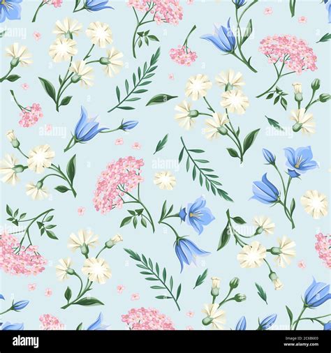 Vector floral seamless pattern with pink, white and blue flowers on a ...