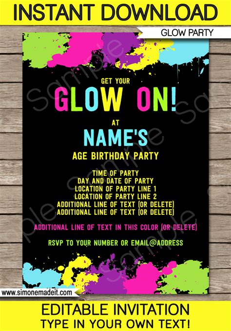 Neon Glow Party Invitations Template | DIY Editable and Printable Invite