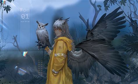 HD wallpaper: anime, anime girls, gray hair, yellow eyes, wings, trees ...