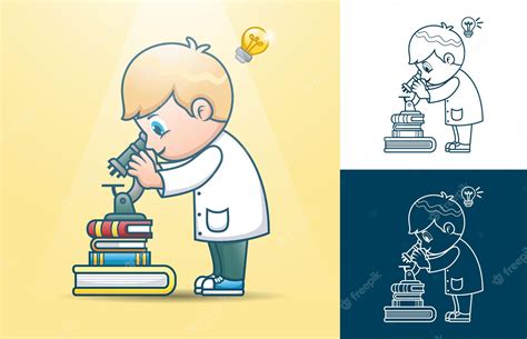 Premium Vector | Little scientist cartoon looking through a microscope ...