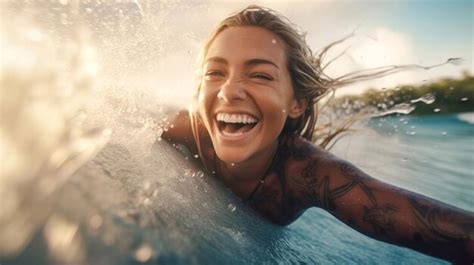 Premium Photo | Happy surfer girl paddling on surfboard in blue ocean ...