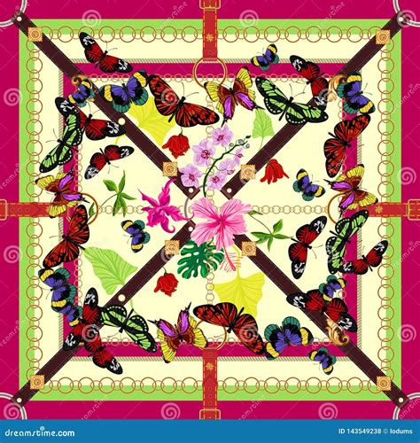 Tropical Baroque Pattern with Flowers, Butterflies and Belts. Vector Floral Patch for Scarf ...