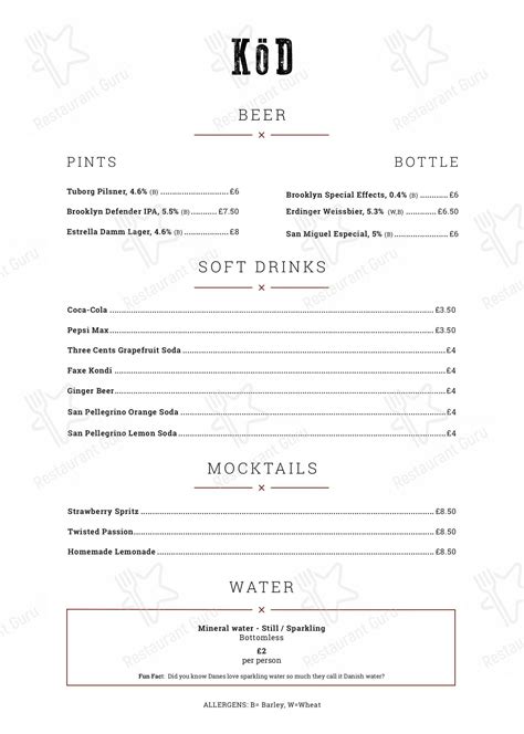 Menu at KöD London pub & bar, London