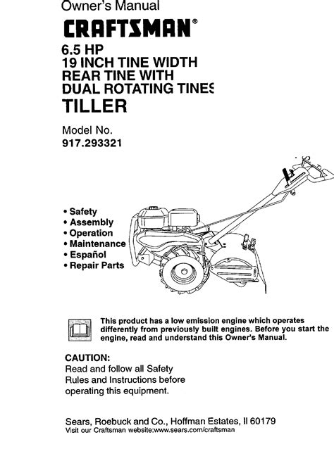 Craftsman 917293321 User Manual 6.5HP REAR TINE TILLER Manuals And Guides L0060080