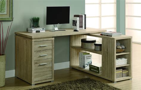 Modern L-Shaped Desk with File Drawer & Open Shelving in Natural Recla – ComputerDesk.com