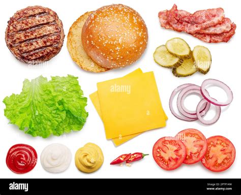 Set of popular cheeseburger ingredients isolated on white background ...