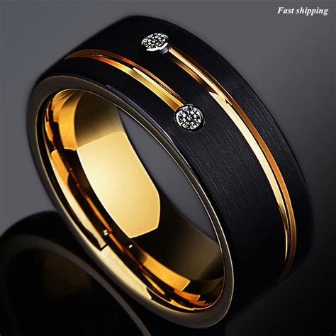 8mm Black Brushed Tungsten Ring Gold Grooved Line CZ Inlay ATOP Men Wedding Band | eBay