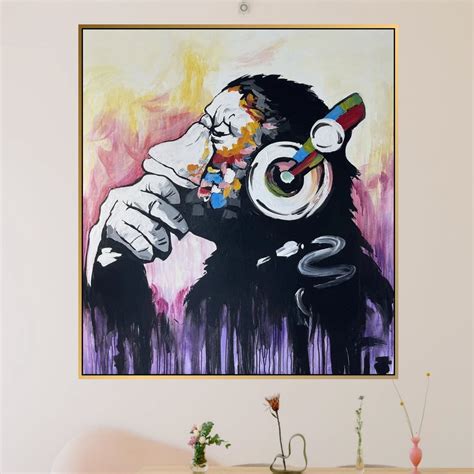 Modern Monkey Painting on Canvas - Oil Art of Monkey in Headphones ...