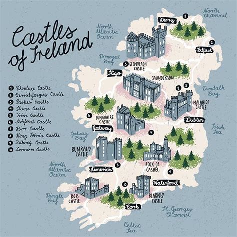 an illustrated map of castles of ireland with the names in english and some other languages