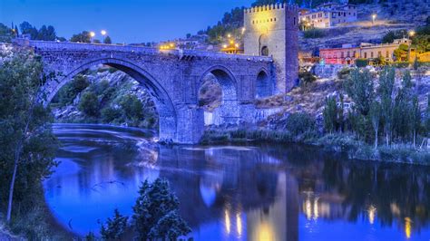 Wallpaper Toledo, Spain, river, bridge, evening, lights, hillside house 1920x1200 Picture, Image