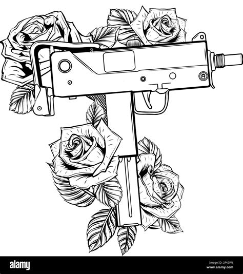 draw in black and white of weapont Uzi with roses vector illustration Stock Vector Image & Art ...