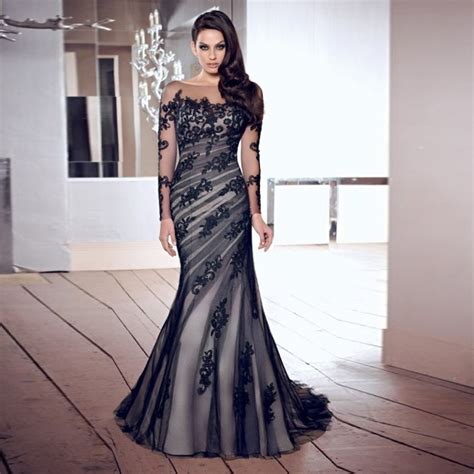 Elegant long black evening dress robe mermaid Prom Dresses long sleeve ...