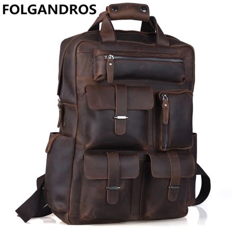 designer genuine leather backpacks men multi pocket daypack college ...