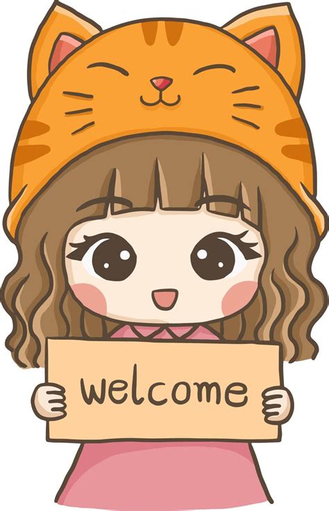 Welcome sign cartoon cute girl wearing a cat hat drawing Cartoon Cat, Girl Cartoon, Cute Anime ...