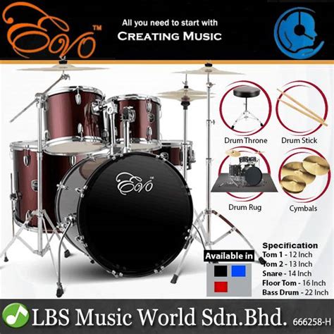 Evo 5 Piece Full Size Acoustic Drum Set with Cymbals Stands, Stool Kit, Rug and Drumsticks - Red ...