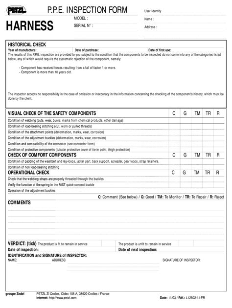 2003 PETZL PPE Inspection Form Fill Online, Printable, Fillable, Blank - pdfFiller