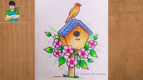 how to draw cute bird with bird house ।। with cryons colour ।। easy step by step | Bird drawings ...