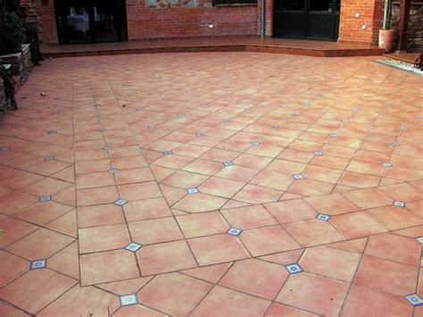 a dog is standing in the middle of an outdoor patio with tiles on it's ...